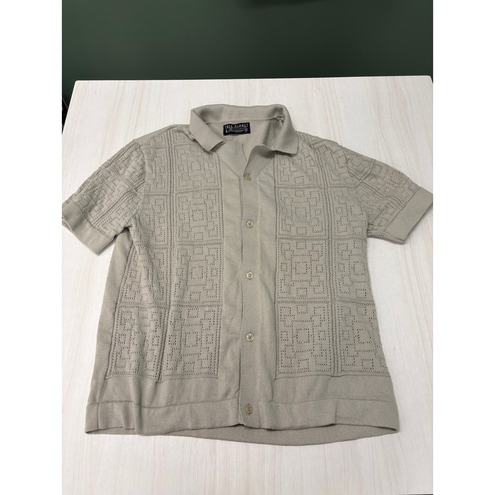 Free Planet Men's Medium Knit Button Front Polo Geometric Crochet Tan
